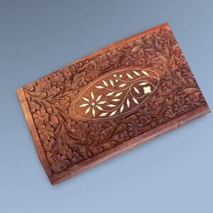 Vintage Hand Carved Indian Rosewood Trinket Box– Bone Inlay–Ornate Jewelry Box